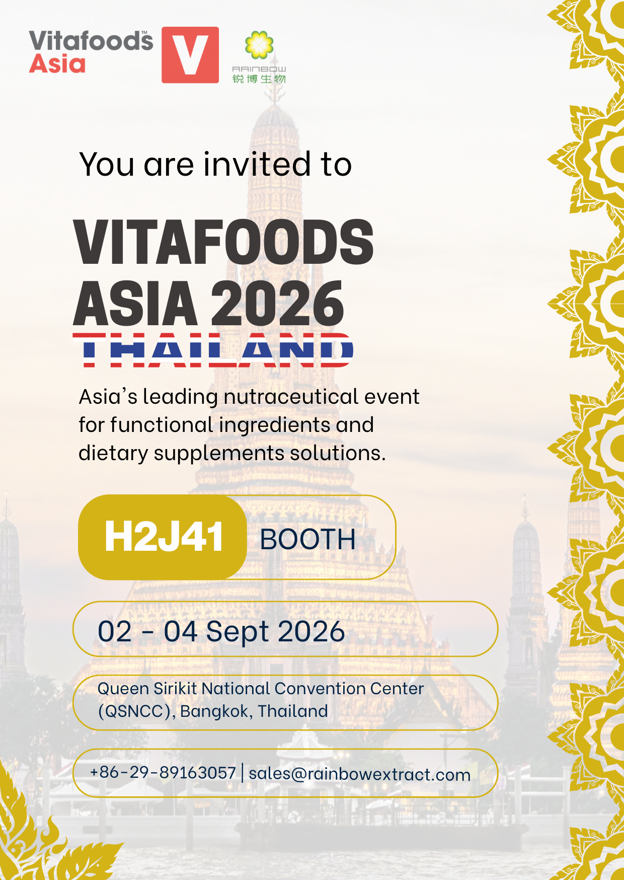 Xi'an Rainbow Biotech Co.,Ltd will be Vitafoods Asia 2026 in Bangkok