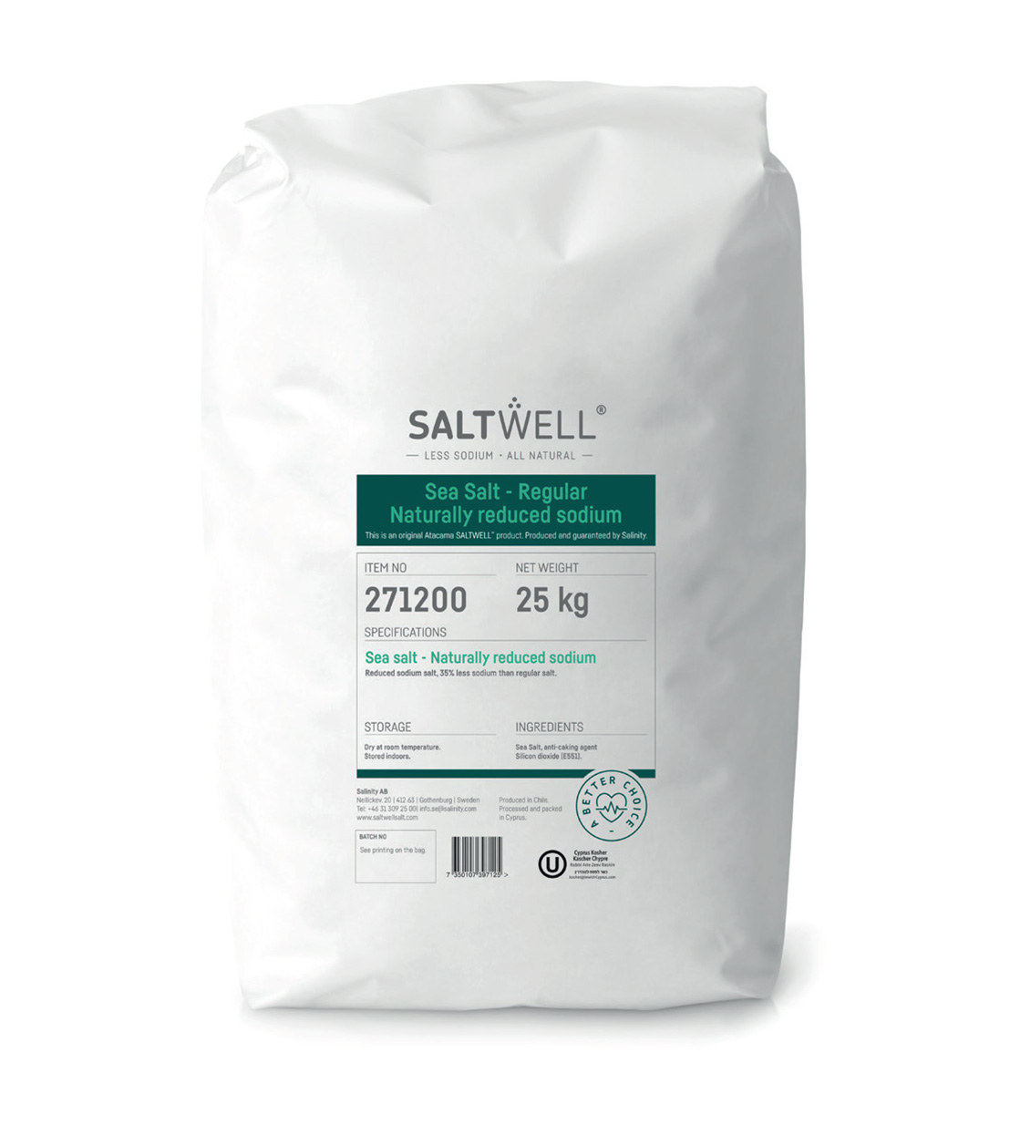 SALTWELL® Regular. Sea salt with 35% less sodium, natural grain size incl  anticaking silicon dioxide., Saltwell AB