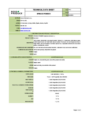 Spinach powder data sheet
